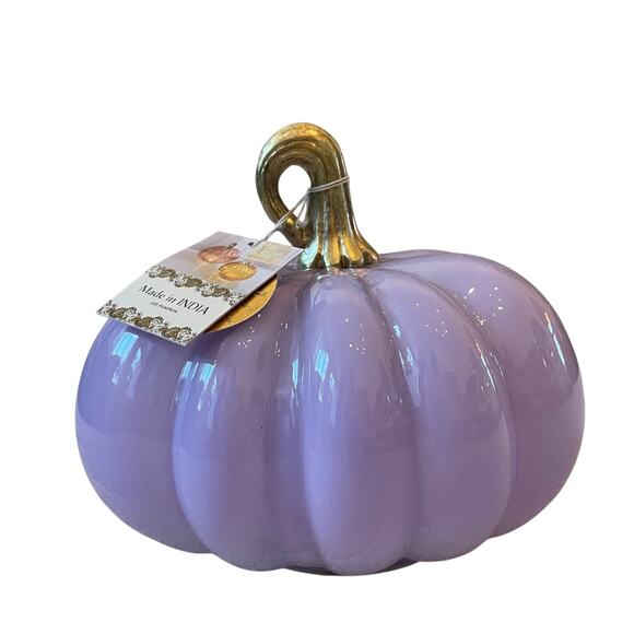 Lavender LED Glass Pumpkin w/ Gold Metal Stem Made in India Fall Decor NEW - Picture 10 of 12